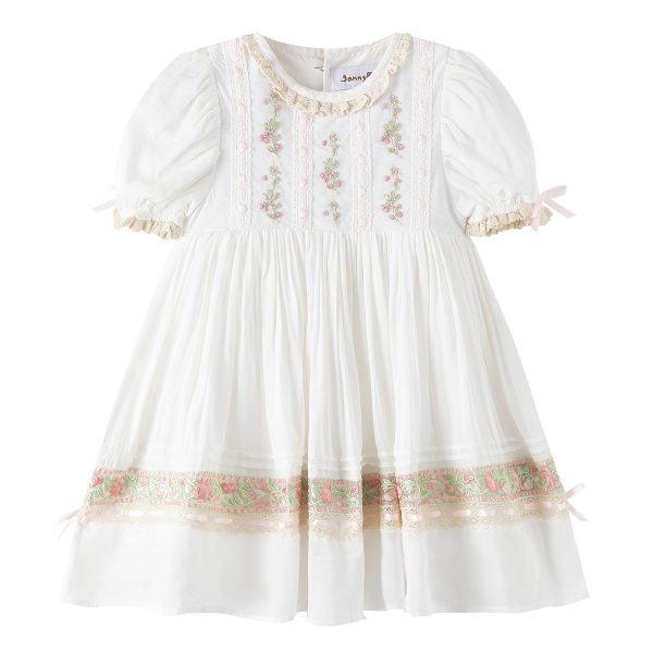 Girl Dress, Embroidered Floral Heirloom, Lace Crew Collar, Puff Sleeve, Cotton Kids Casual Clothing