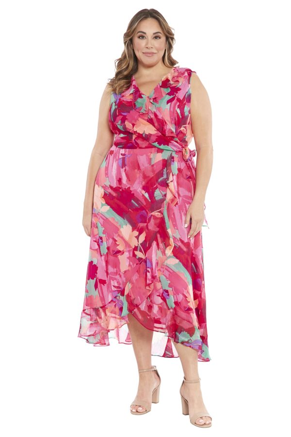 Women's Sleeveless Ruffle Detail Faux Wrap Tie Midi Dress