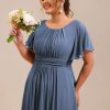 Women's Summer Round Neck A Line Pleated Chiffon Short Sleeves Plus Size Formal Gowns Bridesmaid Dresses