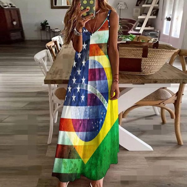 Vintage U.S.A. and Brazil Flag Maxi Dress for Women Summer Casual Sleeveless V Neck Spaghetti Dresses