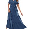 Womens Summer Swiss Dot Maxi Dressses Wrap V Neck Flutter Short Sleeve Boho Casual Flowy Long Wedding Guest Dress