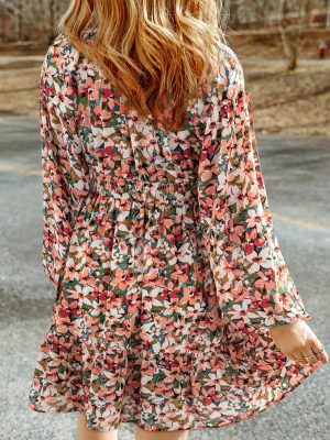 Womens Dresses 2025 Boho Floral V Neck Long Sleeve Smocked Elastic Waist Casual A-Line Swing Mini Dress Sundress