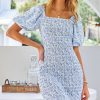 Women's 2025 Summer Floral Puff Sleeve Mini Dress Square Neck Ruffle Hem Bodycon Dresses Smocked Dress Women