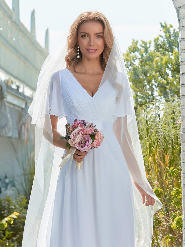 Women's Classic Chiffon Short Sleeve Pleated V-Neck Floor Length Bridesmaid Dresses 09890