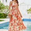Women's 2025 Summer Maxi Dress Floral Tie Front Spaghetti Strap Casual Boho Beach Flowy Sundress with Pockets