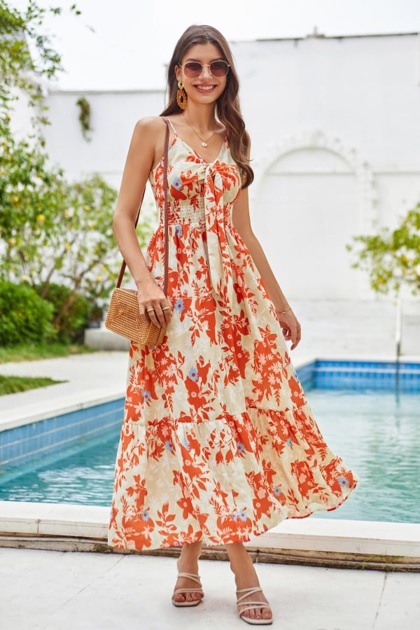 Women's 2025 Summer Maxi Dress Floral Tie Front Spaghetti Strap Casual Boho Beach Flowy Sundress with Pockets