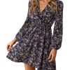 Women Floral Ruffle Summer Dress Surplice V Neck Long Peasant Sleeve Elastic Waist Flowy Casual Holiday Mini Dress