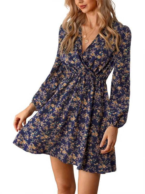 Women Floral Ruffle Summer Dress Surplice V Neck Long Peasant Sleeve Elastic Waist Flowy Casual Holiday Mini Dress