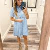Women's Short Sleeve Button Down Flowy Tiered Babydoll Denim Dress
