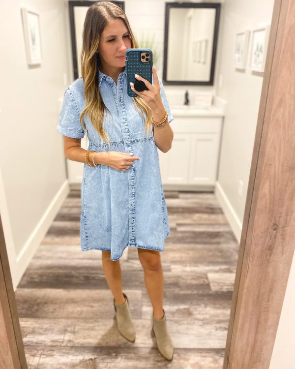 Women's Short Sleeve Button Down Flowy Tiered Babydoll Denim Dress