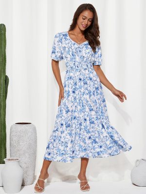 2025 Women's Summer Floral Flowy A Line Midi Dresses Elegant Short Sleeve Smocked V-Neck Tiered Dresses
