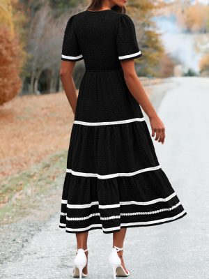 Women's Casual Summer Maxi Dress Short Sleeve Swiss Dot V Neck Smocked Long Flowy Beach Dresses