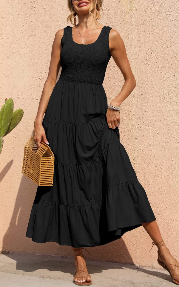 Women's 2025 Casual Loose Plain Maxi Sundress Smocked Tank Dress Sleeveless Summer Beach Tiered Long Dresses