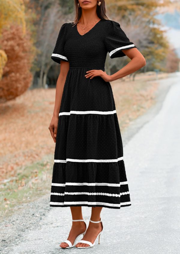Women's Casual Summer Maxi Dress Short Sleeve Swiss Dot V Neck Smocked Long Flowy Beach Dresses