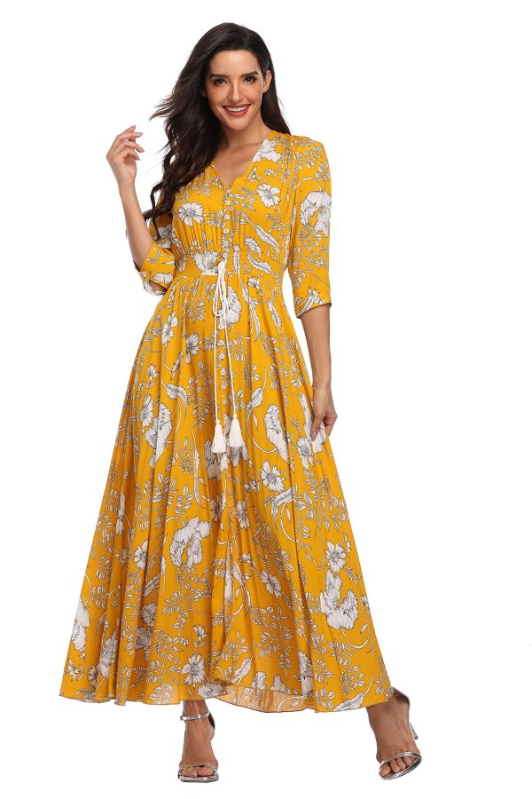 Summer Floral Print Maxi Dress Women Button Up Split Long Flowy Bohemian Beach Party Dresses