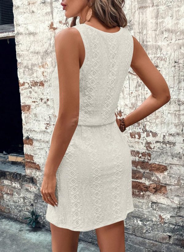 Spring Summer Tank Dresses for Women 2025 Hollow Out Textured Drawstring Mini Dress