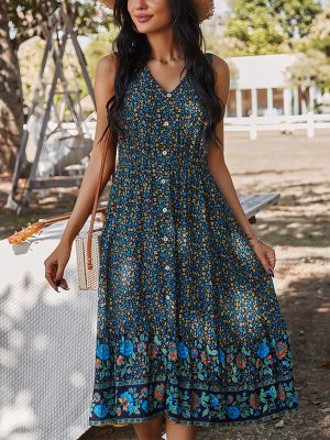 Women Dress Summer Sleeveless Bohemian: Floral V Neck Button Down Flowy Boho Dresses S-XL