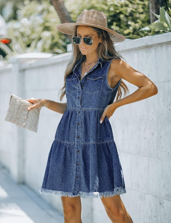 Women's Casual Summer Lapel Sleeveless Button Down Short Denim Jean Dress