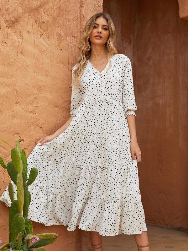 Women's Casual V Neck Boho Dress Puff Sleeve High Waist Floral Smocked Flowy Ruffle Midi Dresses