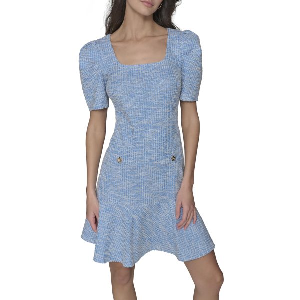 Women's Puff Sleeve Swaure Neck Flounce Tweed A-line Mini Dress