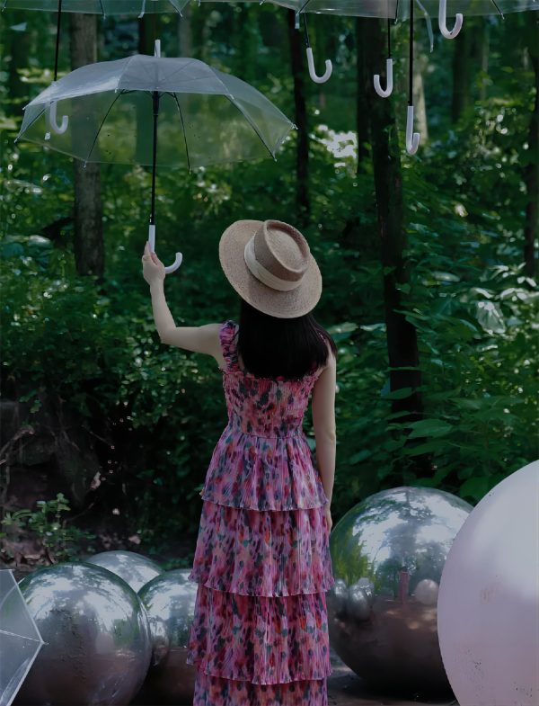 Women's Summer Floral Print Halter A-line Dress Bohemian Cake Dress Pink Dresses