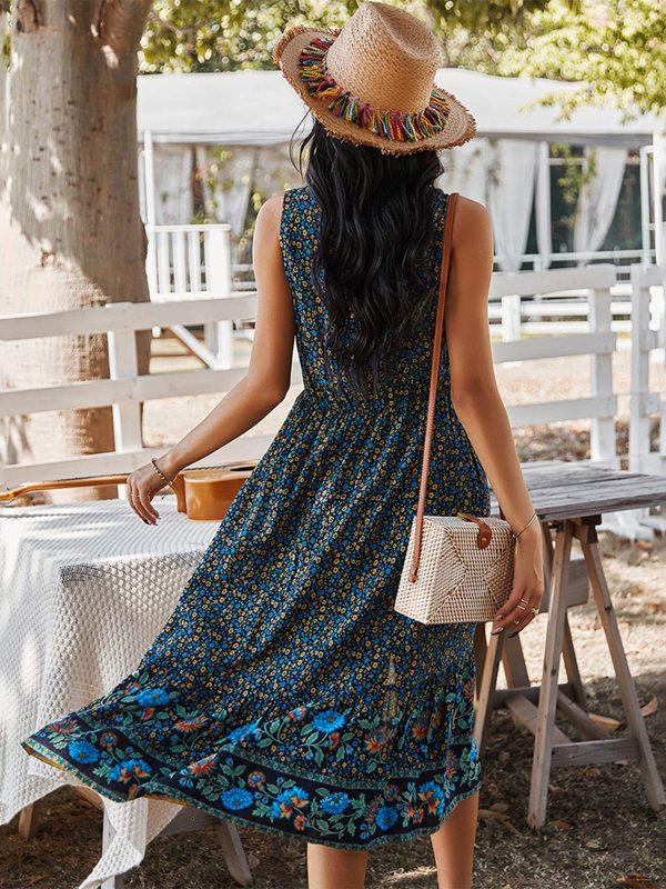 Women Dress Summer Sleeveless Bohemian: Floral V Neck Button Down Flowy Boho Dresses S-XL