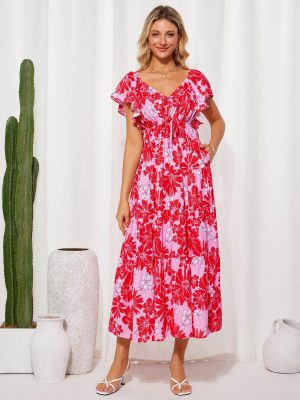 Womens 2025 Floral Summer V-Neck Ruffle Sleeve Empire Waist A-Line Casual Maxi Tiered Dress with Pockets