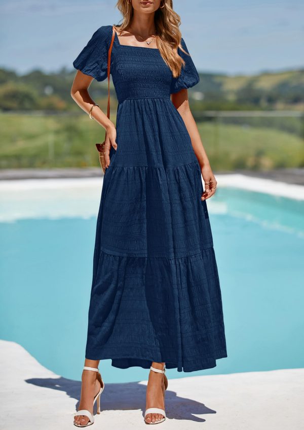 Womens Summer Puff Short Sleeve Maxi Dress Square Neck Smocked Tiered Ruffle A Line Long Flowy Beach Dresses