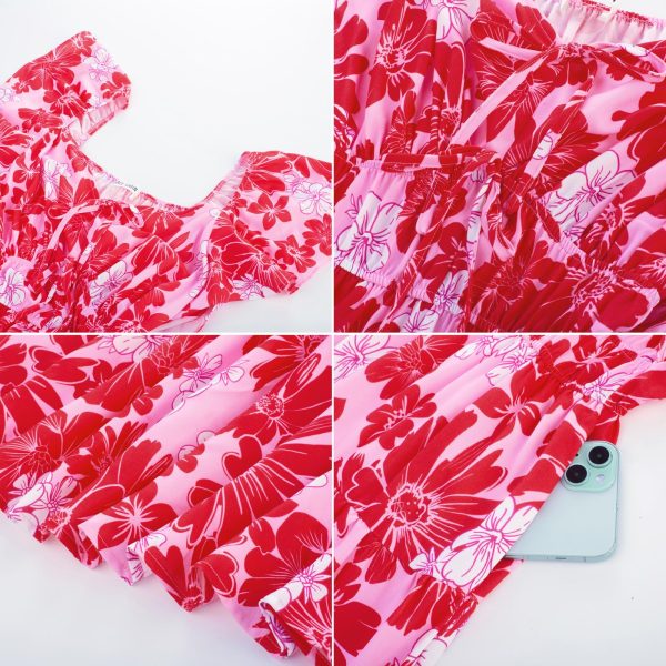 Womens 2025 Floral Summer V-Neck Ruffle Sleeve Empire Waist A-Line Casual Maxi Tiered Dress with Pockets