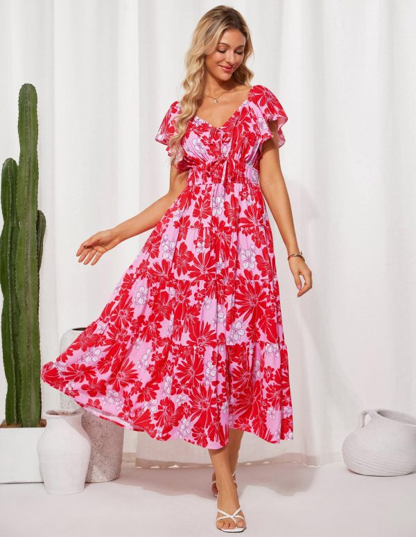 Womens 2025 Floral Summer V-Neck Ruffle Sleeve Empire Waist A-Line Casual Maxi Tiered Dress with Pockets
