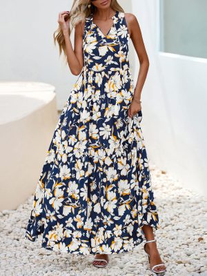 Womens Summer Maxi Dresses 2025 Casual Sleeveless V Neck Loose Fit Floral Boho Dress Beach Long Sundress