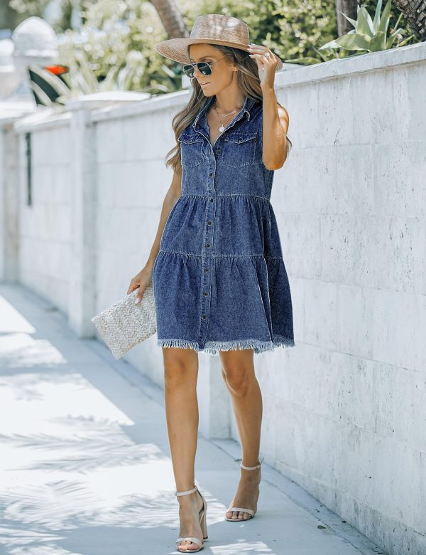 Women's Casual Summer Lapel Sleeveless Button Down Short Denim Jean Dress
