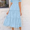 Women's 2025 Summer Casual Midi Dresses Square Neck Short Sleeve Smocked A Line Floral Flowy Elegant Boho Dress