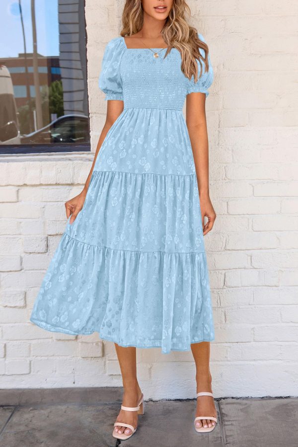 Women's 2025 Summer Casual Midi Dresses Square Neck Short Sleeve Smocked A Line Floral Flowy Elegant Boho Dress