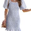 Women's 2025 Summer Floral Puff Sleeve Mini Dress Square Neck Ruffle Hem Bodycon Dresses Smocked Dress Women