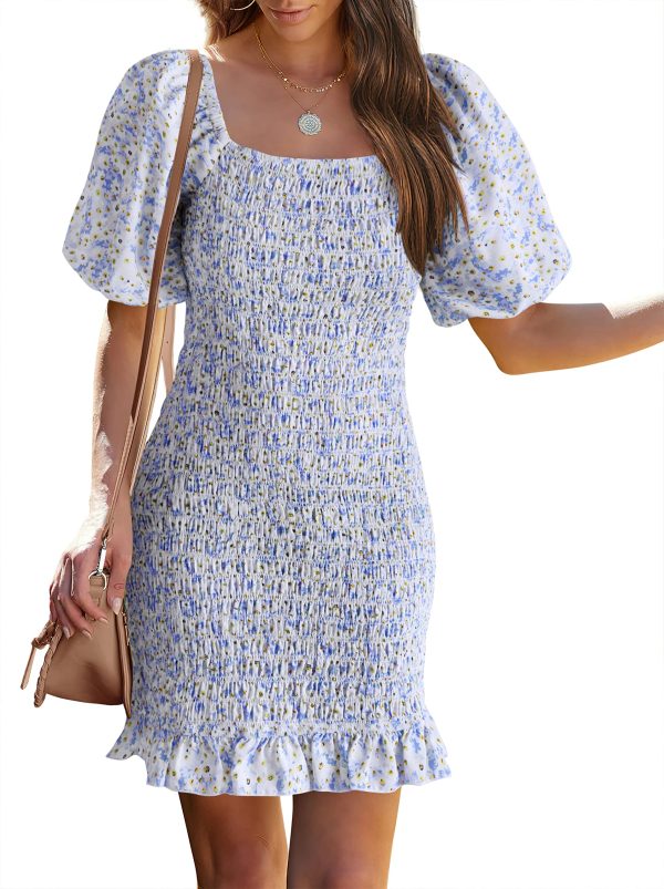 Women's 2025 Summer Floral Puff Sleeve Mini Dress Square Neck Ruffle Hem Bodycon Dresses Smocked Dress Women