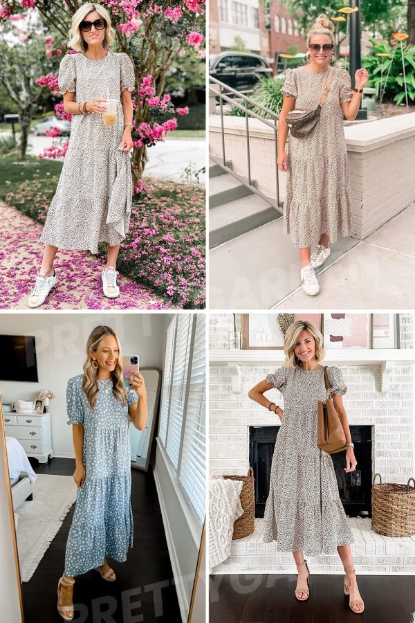 Women's Summer Casual Floral Boho Dress Puff Short Sleeve Ruffle Flowy Beach Party Midi Dresses