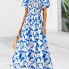 Womens Summer 2025 Casual Maxi Dresses Short Sleeve Smocked Tiered Floral Boho Long Beach Dress with Pockets