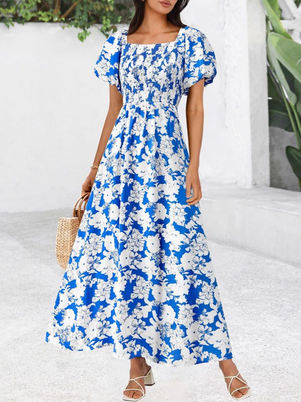 Womens Summer 2025 Casual Maxi Dresses Short Sleeve Smocked Tiered Floral Boho Long Beach Dress with Pockets