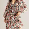 Womens Dresses 2025 Boho Floral V Neck Long Sleeve Smocked Elastic Waist Casual A-Line Swing Mini Dress Sundress