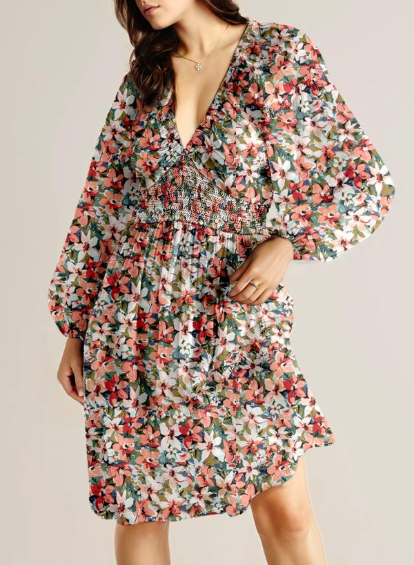 Womens Dresses 2025 Boho Floral V Neck Long Sleeve Smocked Elastic Waist Casual A-Line Swing Mini Dress Sundress