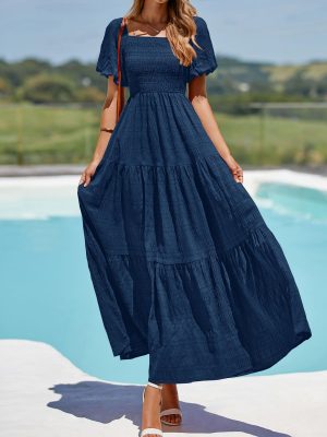 Womens Summer Puff Short Sleeve Maxi Dress Square Neck Smocked Tiered Ruffle A Line Long Flowy Beach Dresses
