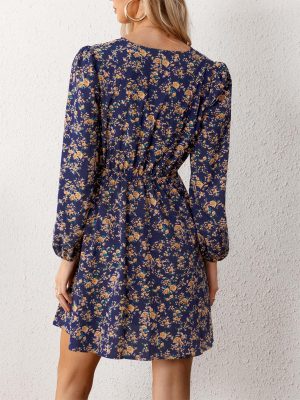Women Floral Ruffle Summer Dress Surplice V Neck Long Peasant Sleeve Elastic Waist Flowy Casual Holiday Mini Dress