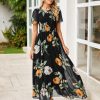 Simplee Womens Summer Floral Casual Maxi Dresses Flutter Short Sleeve Crew Neck Smocked Chiffon Boho Flowy Dress