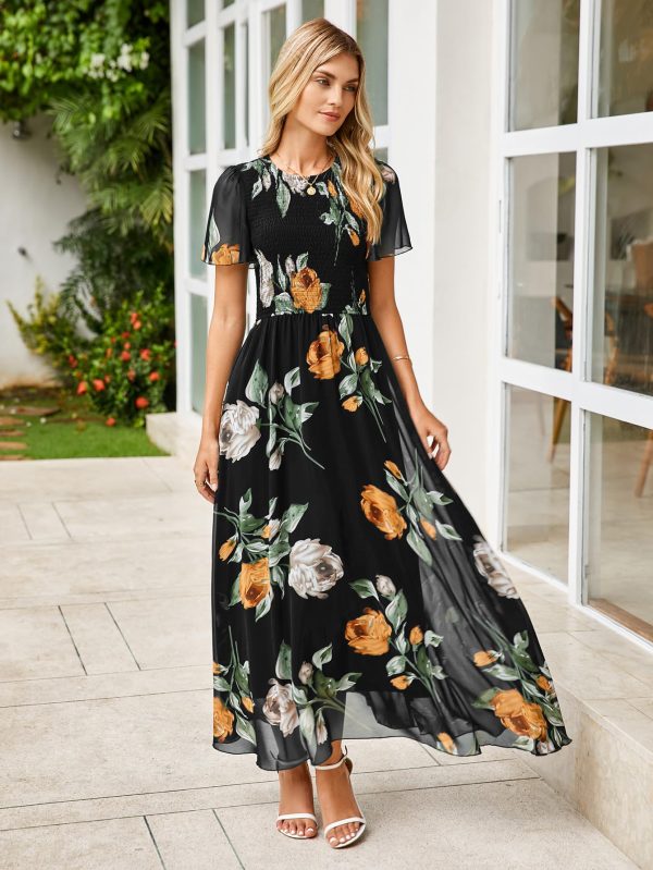 Simplee Womens Summer Floral Casual Maxi Dresses Flutter Short Sleeve Crew Neck Smocked Chiffon Boho Flowy Dress