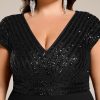 Women's Summer V Neck A Line Sequin Cap Sleeves Tea Length Plus Size Formal Wedding Guest Dresses