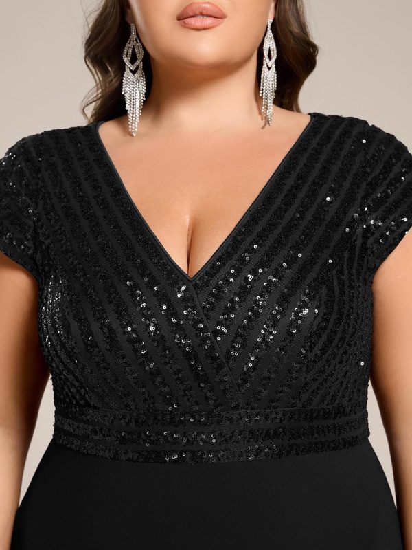 Women's Summer V Neck A Line Sequin Cap Sleeves Tea Length Plus Size Formal Wedding Guest Dresses