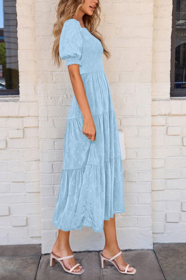 Women's 2025 Summer Casual Midi Dresses Square Neck Short Sleeve Smocked A Line Floral Flowy Elegant Boho Dress