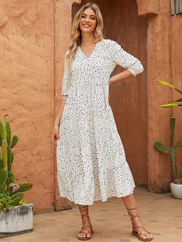 Women's Casual V Neck Boho Dress Puff Sleeve High Waist Floral Smocked Flowy Ruffle Midi Dresses