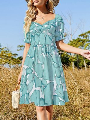 Teal Sea Glass Nautical Print Women's Midi Dress Short Sleeve Sweetheart Neckline Sundress